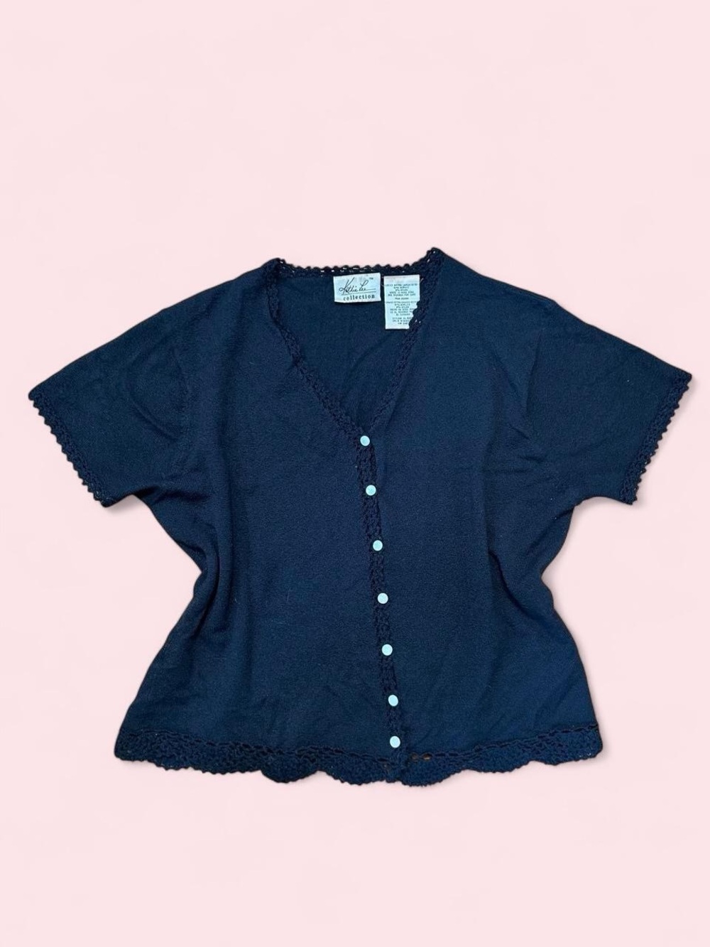 Vintage Black Short-Sleeve Button Cardigan with Lace Trim